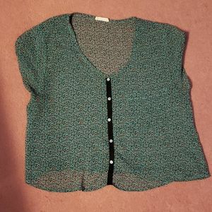 Garage green teal pink leopard print sheer top m